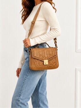Camel Quilted Top Handle Crossbody Satchel Bag | Adjustable Strap | Gold Hardwar